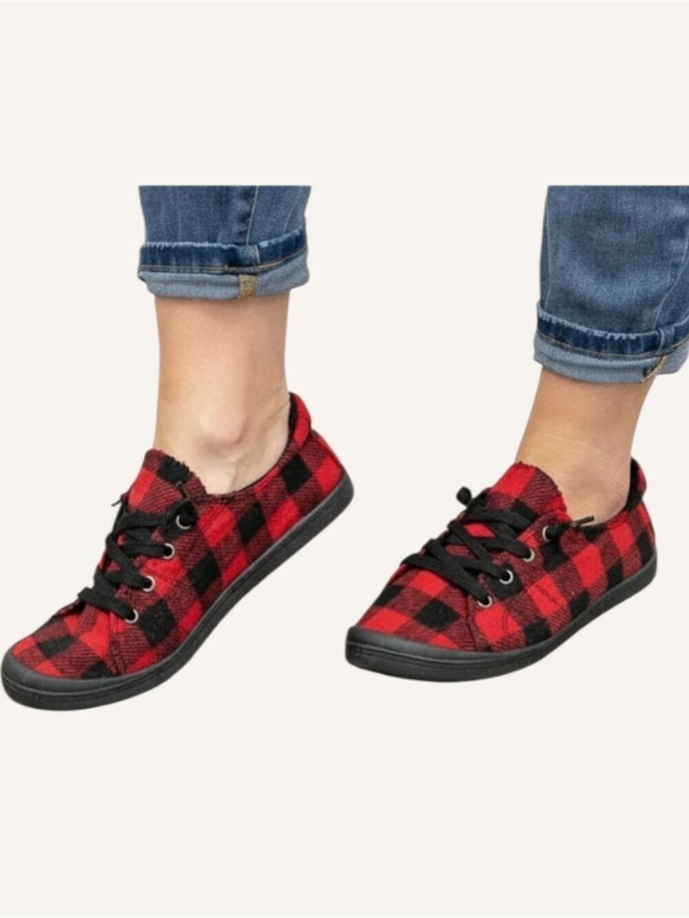 Forever Comfort Sutton Red Black Buffalo Plaid Sneakers Size 6.5 NWOB - Picture 6 of 8